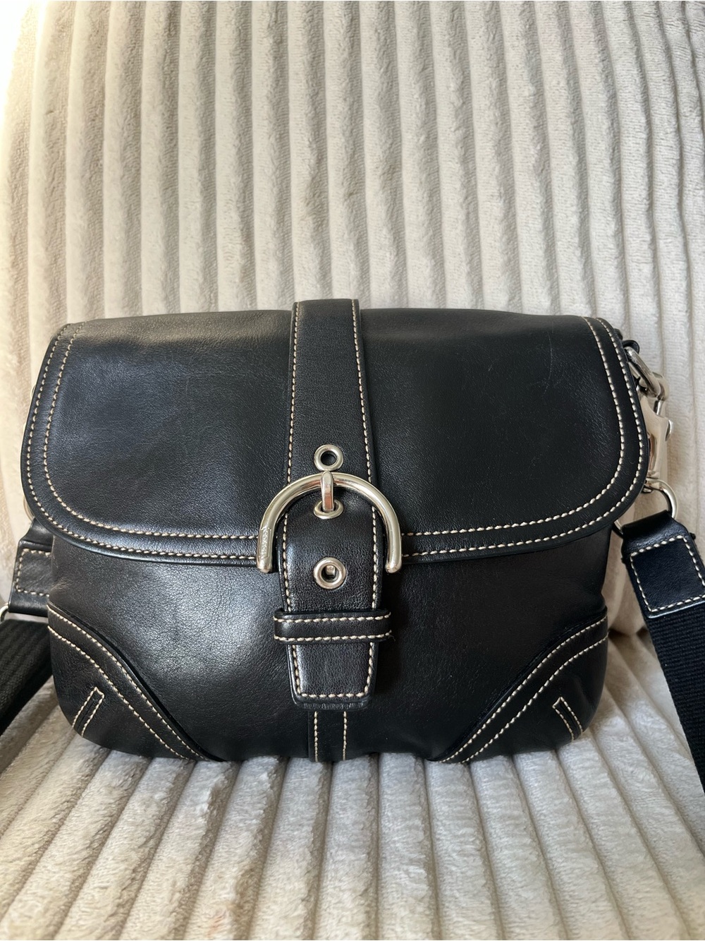 Coach Black Leather Crossbody with Contrast Stitching and Silver Buckle